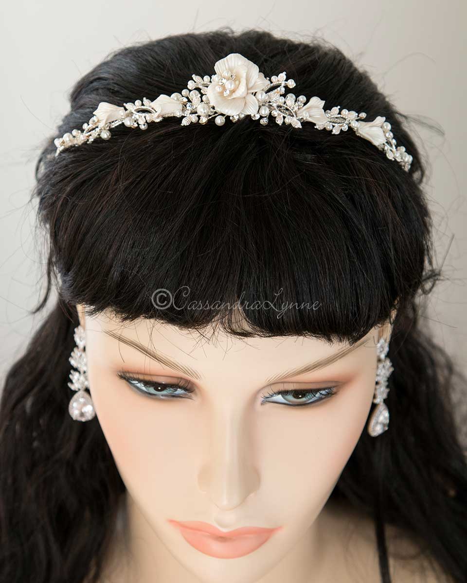 Porcelain Flower Headband, Rose Gold Tiara, Floral Wedding Tiara, popular Bridal Headband, Pearl Tiara, Crystal Tiara For Wedding, Tiara for Bride