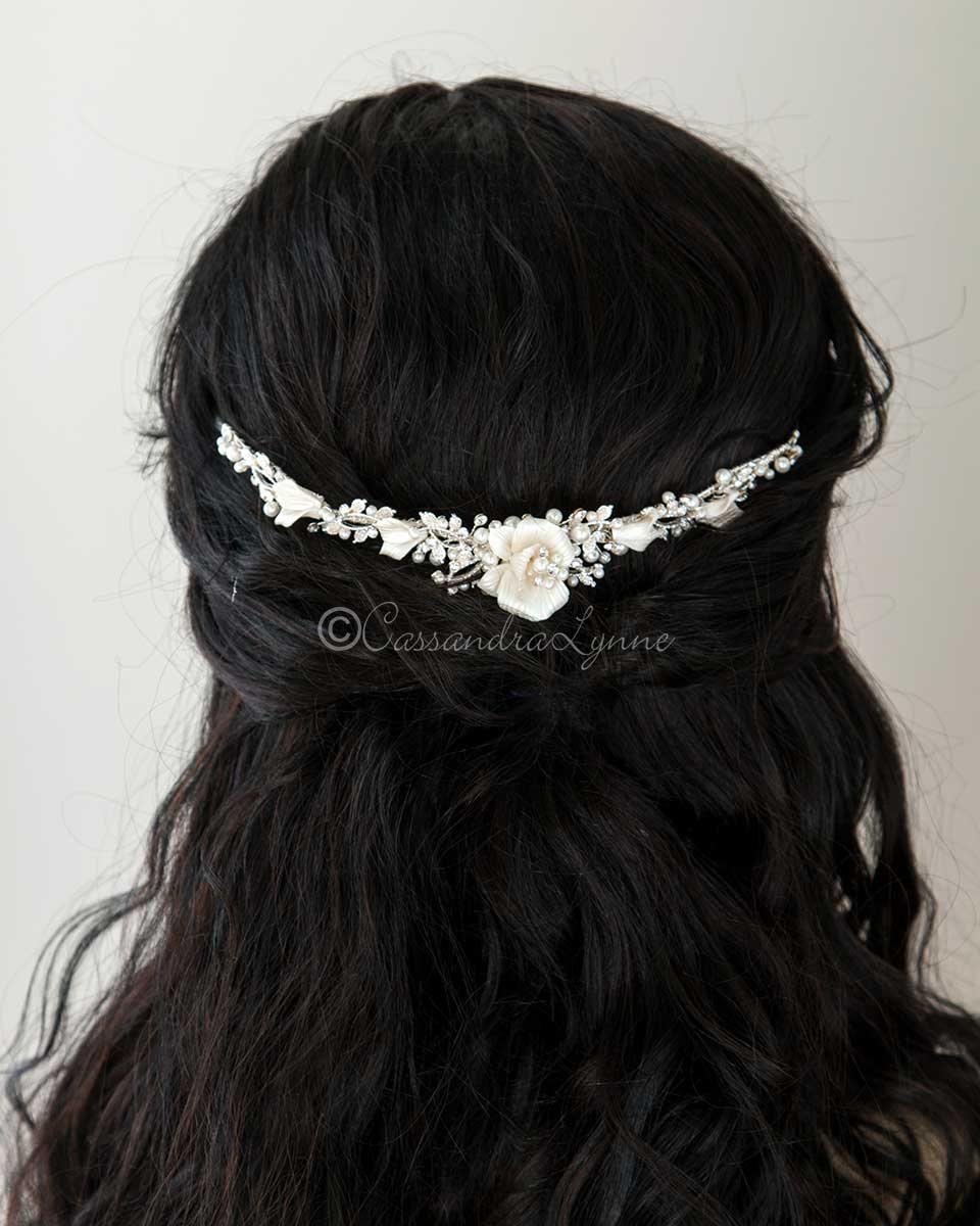 Wedding Tiara of Pearls and Porcelain Flower - Cassandra Lynne