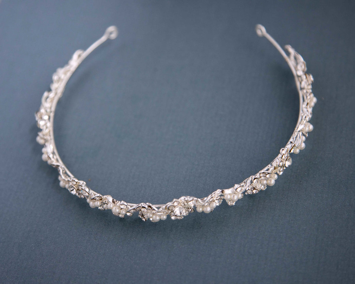 Wedding Tiara With Crystal Leaves and Tiny Pearls - Cassandra Lynne