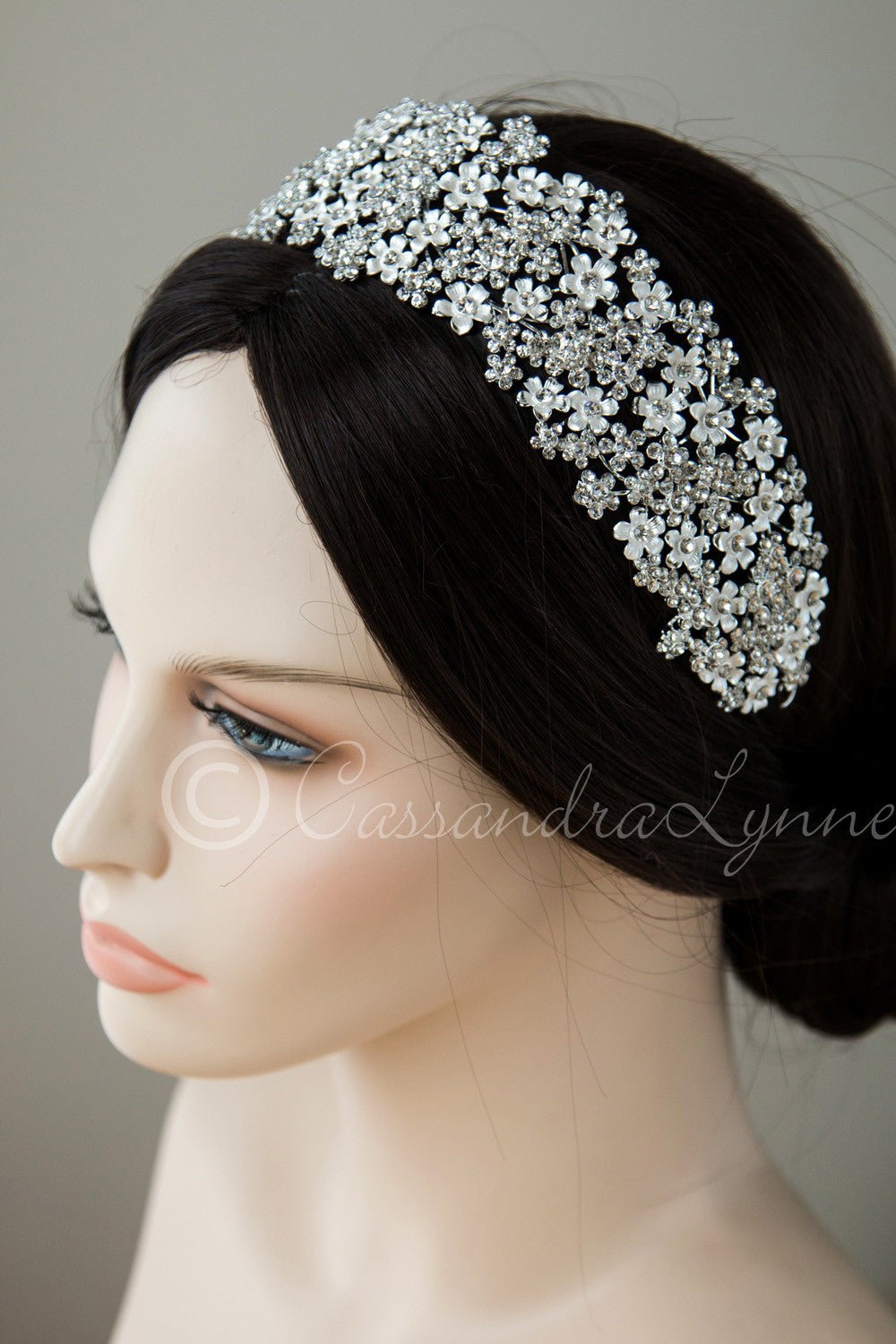 Wide Wedding Headpiece of Frosted Flowers - Cassandra Lynne